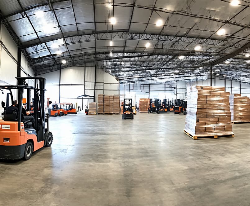 Interior of a large warehouse with forklifts and stacks of pallets